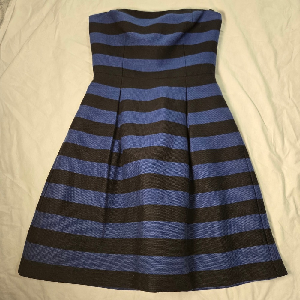 Trina Turk Blue Black Striped Strapless Fit Flare Dress Pockets TD146015 Size 4
